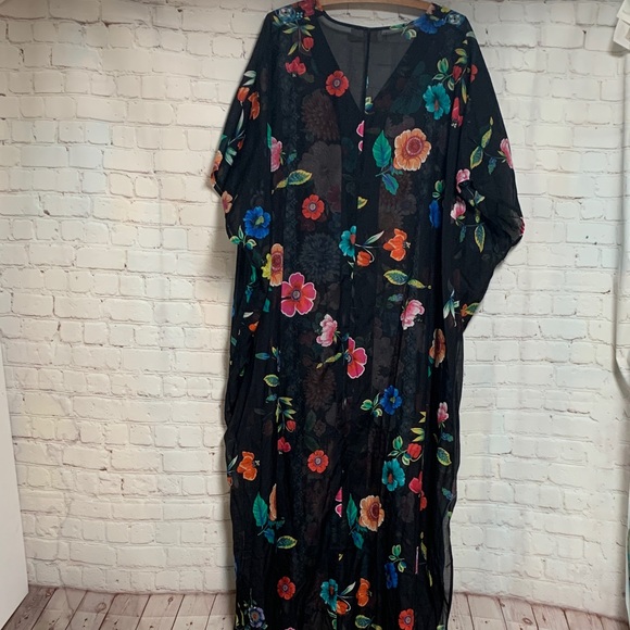 NWOT Johnny Was Black Floral Evening Palace Silk Blend Kaftan Caftan Size L XL - Picture 9 of 11